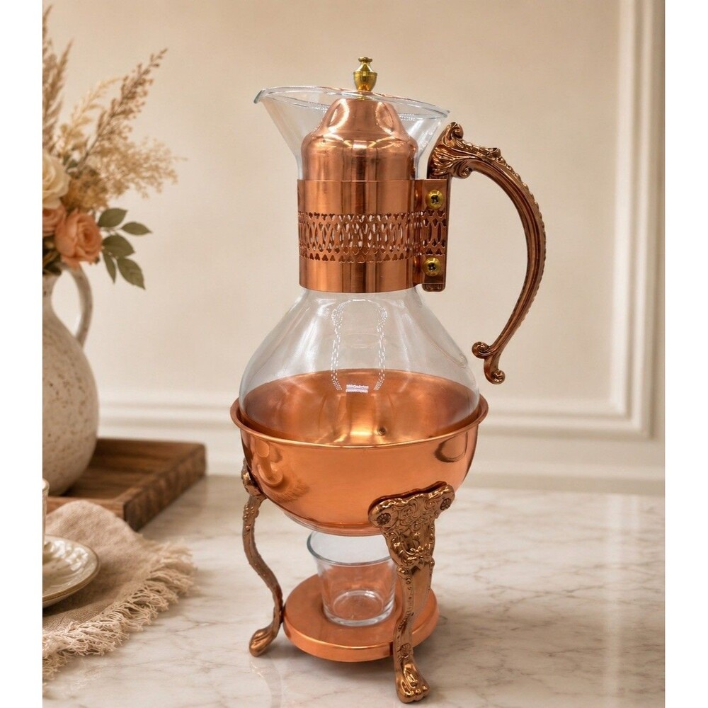 Vintage Copper Glass Coffee Tea Carafe Pot w/Lid & Warmer Stand Server Set